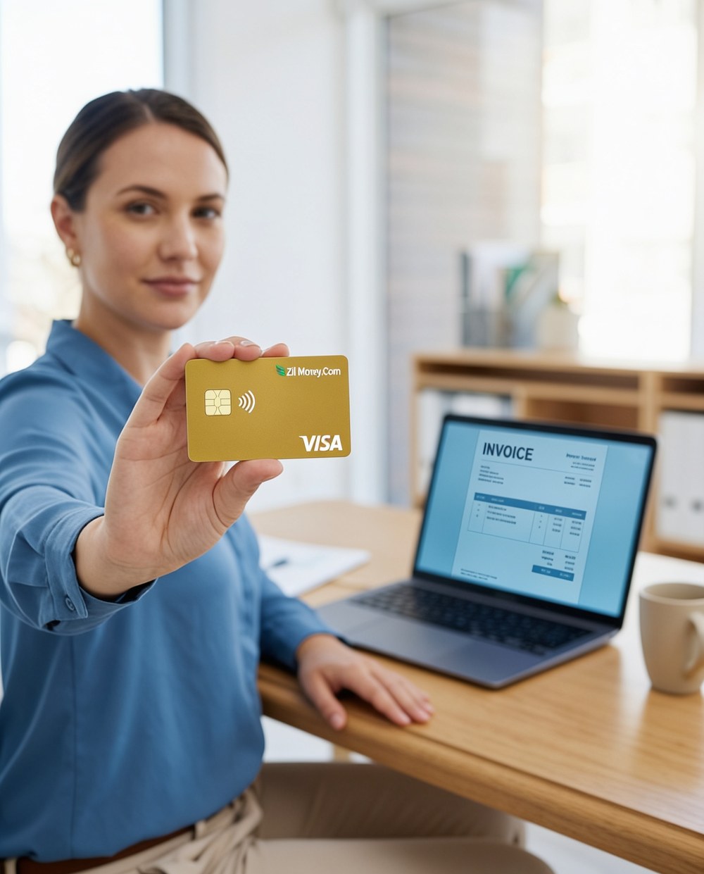 A business owner paying a vendor invoice on a laptop while holding a gold Zil Money.Com Visa card