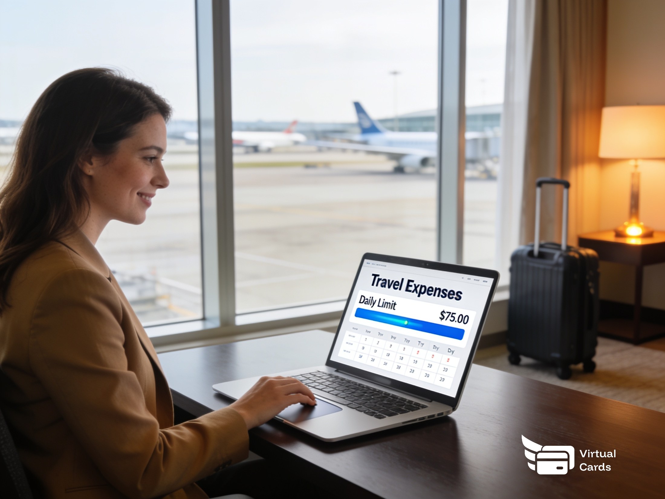 A traveling professional at a hotel-room desk reviews a travel-expense dashboard on her laptop showing a daily spend limit and trip days, with an airport view and rolling suitcase in the background.