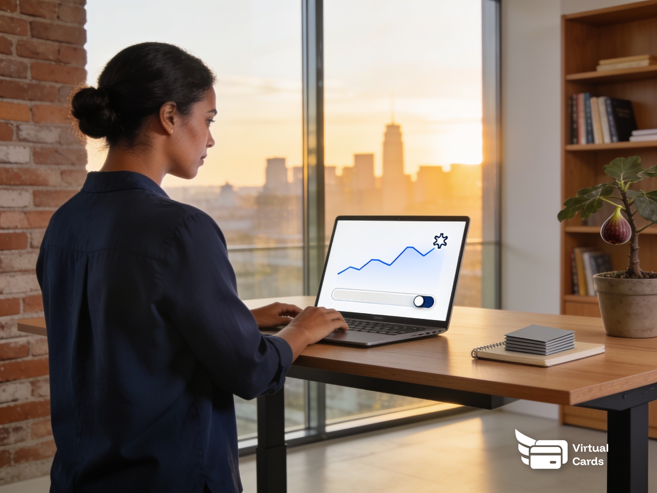 An HR manager reviewing a payroll issuance dashboard on a laptop at a standing desk in a modern office.