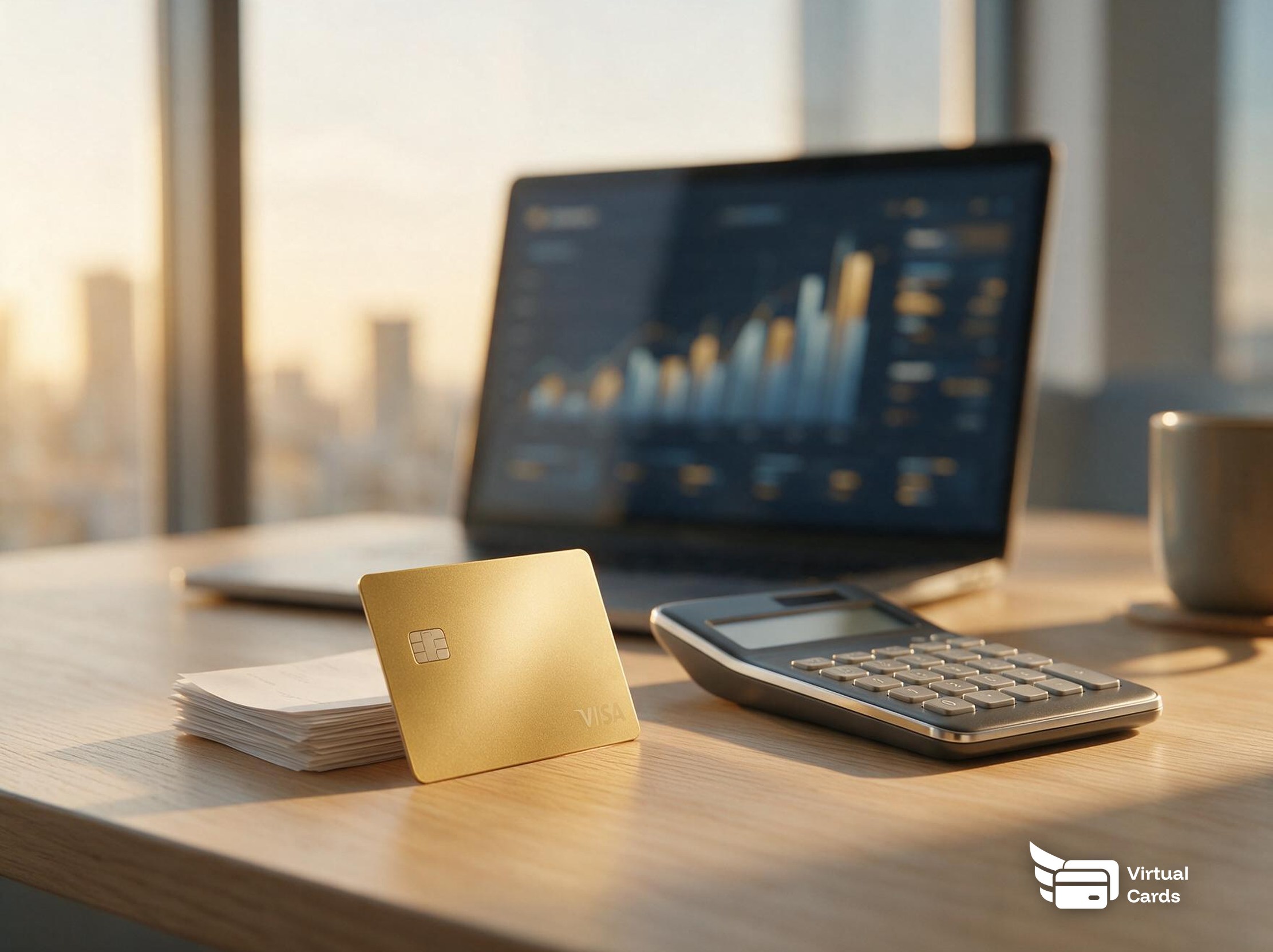 A gold Visa virtual card leans against a small stack of paper receipts next to a desk calculator, with a laptop showing an abstract financial chart softly out of focus at sunset.
