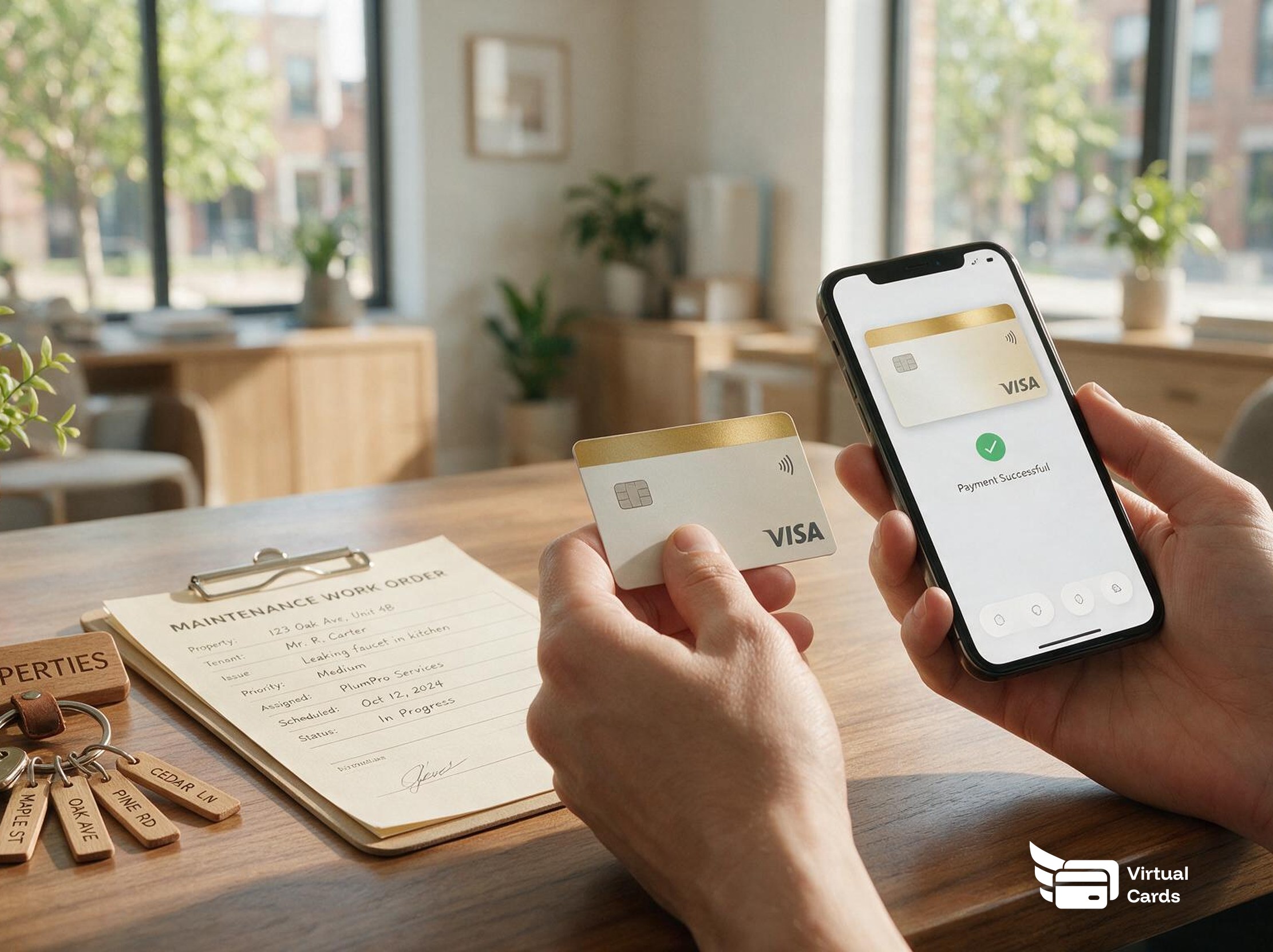 A property manager's hands holding a physical Visa card and a phone showing a virtual card payment, next to a maintenance work order and labeled property key fobs.