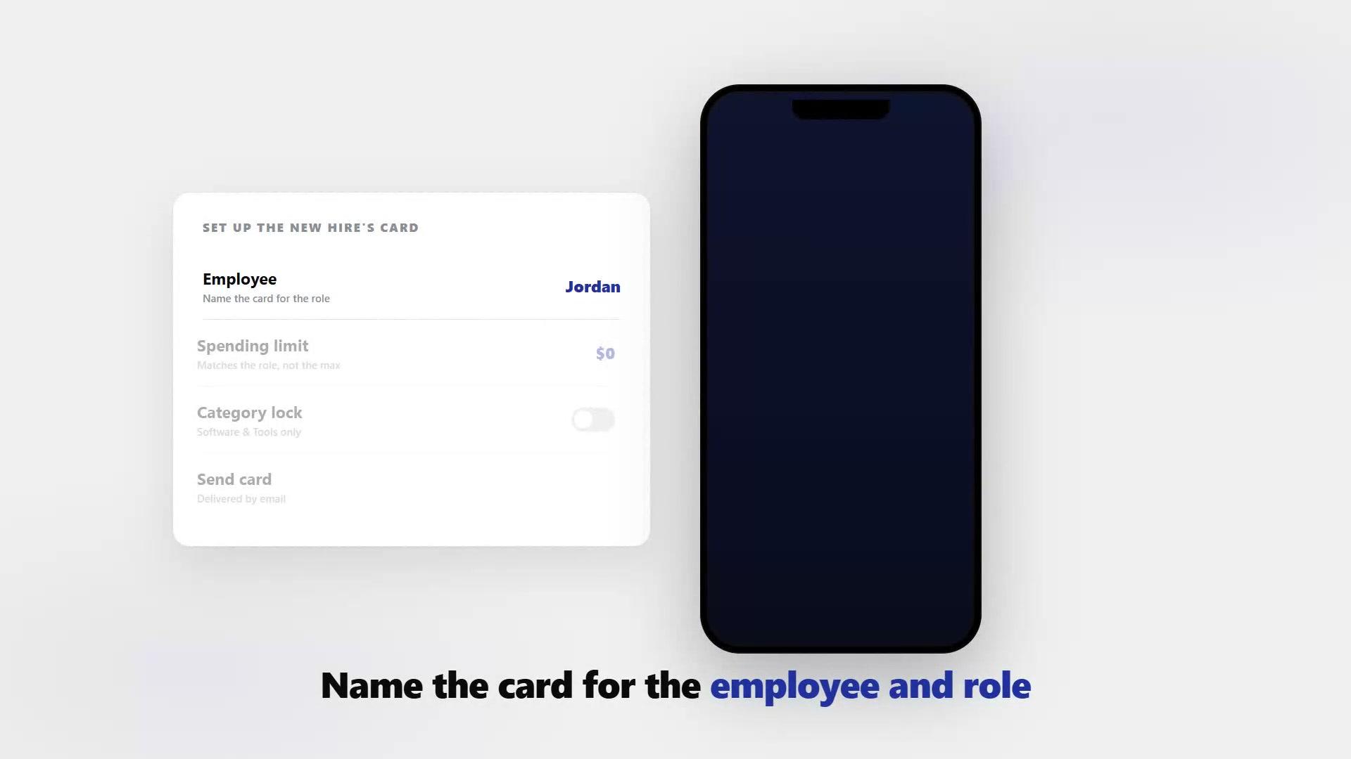Dashboard showing a new employee virtual card setup with a spending limit and role-based category lock.