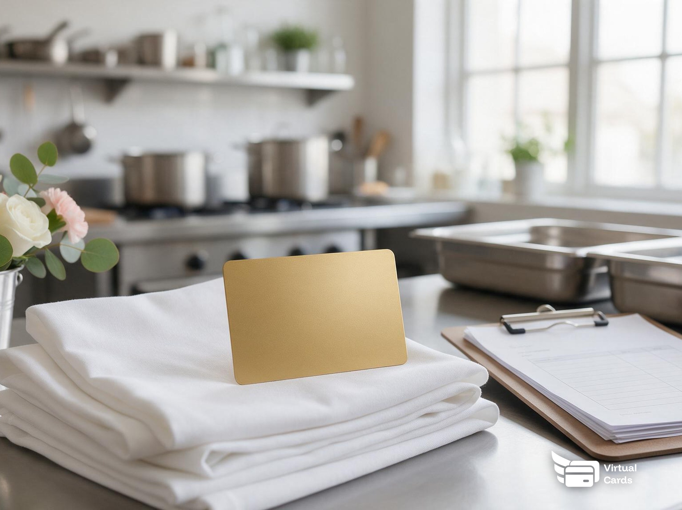 A gold Virtual Card Maker card resting on a catering prep table next to event supplies, representing a card set aside for one event's vendor spend.