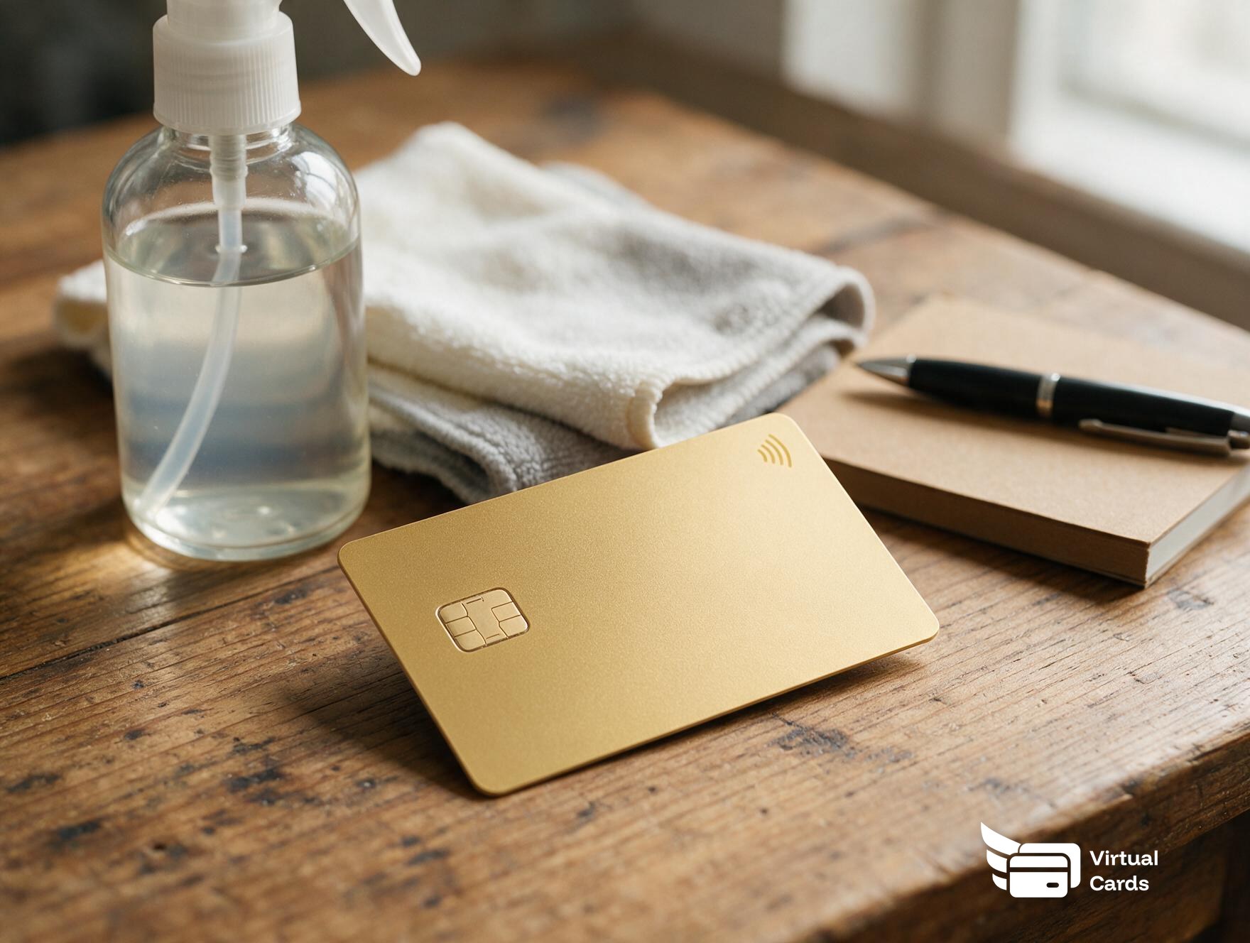 A blank-face gold Virtual Card Maker card on a wood table next to cleaning supplies, representing a card handed to a cleaning crew lead for supply runs.