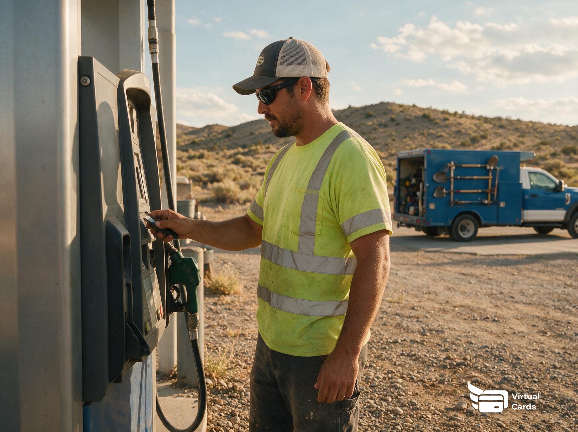 Landscaping crew lead using a virtual card to pay for fuel at a job site near Reno, Nevada