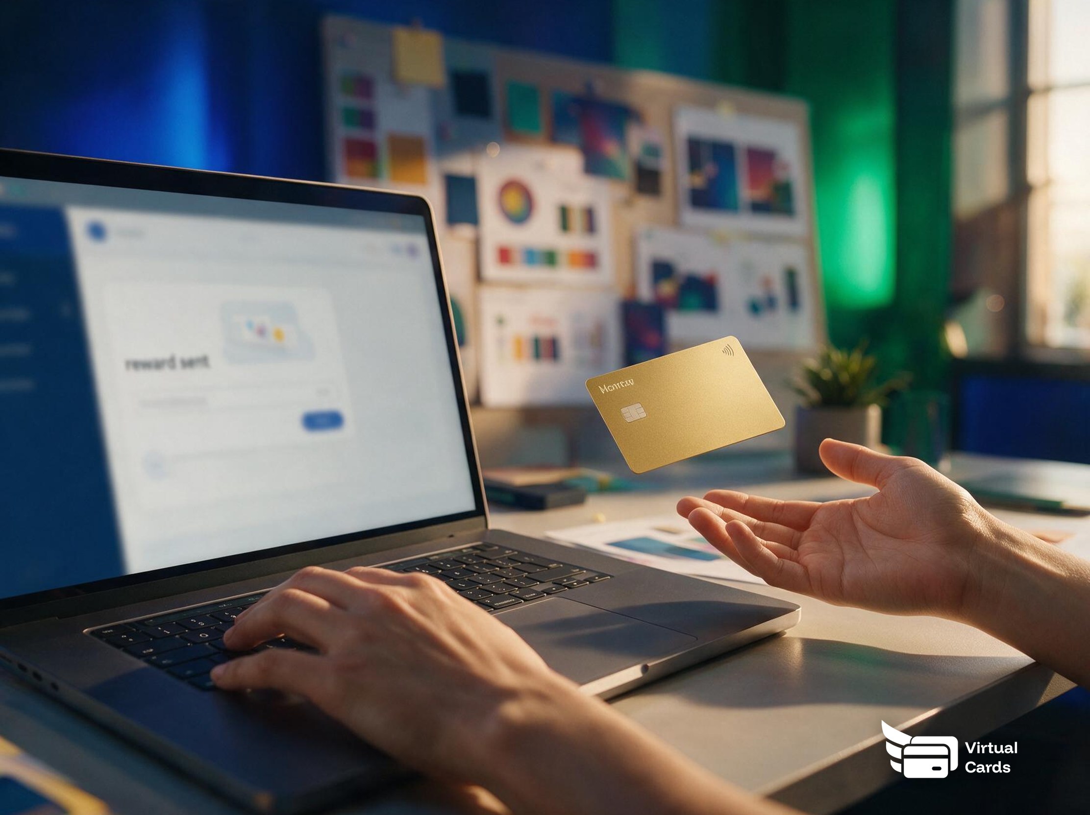 Hands at a laptop showing a reward-sent confirmation screen, with a gold Zil Money virtual Visa card floating toward an open palm at an agency desk with a campaign mood board in the background.